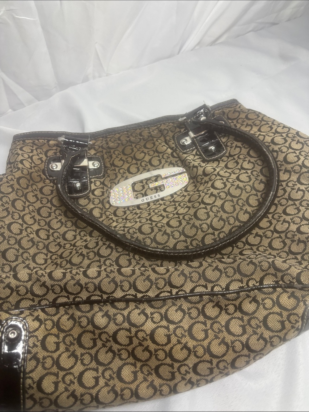Guess Brown Monogram Tote with Dark Patent Trim